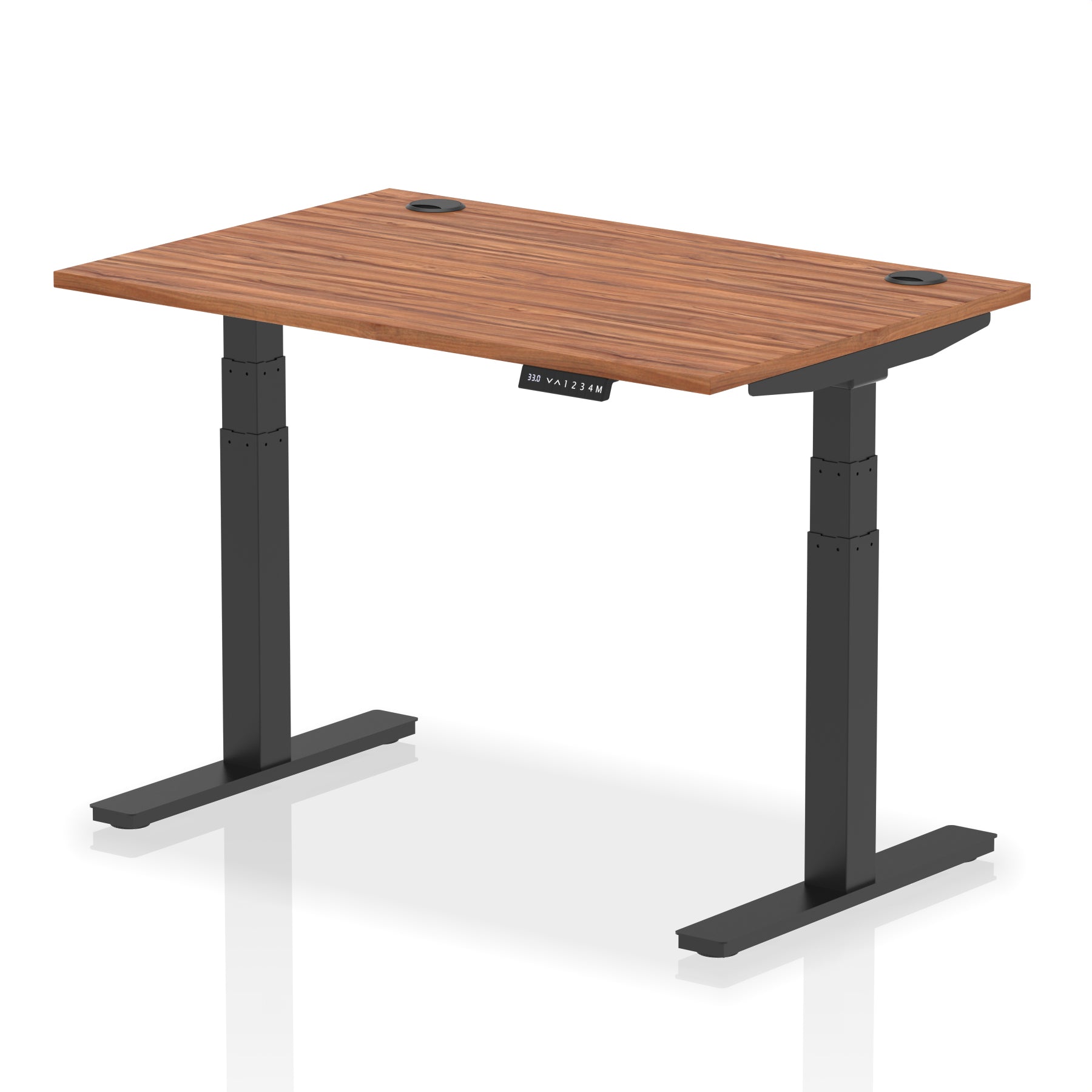 Walnut desktop shown on an Air height adjustable sit stand desk with black frame