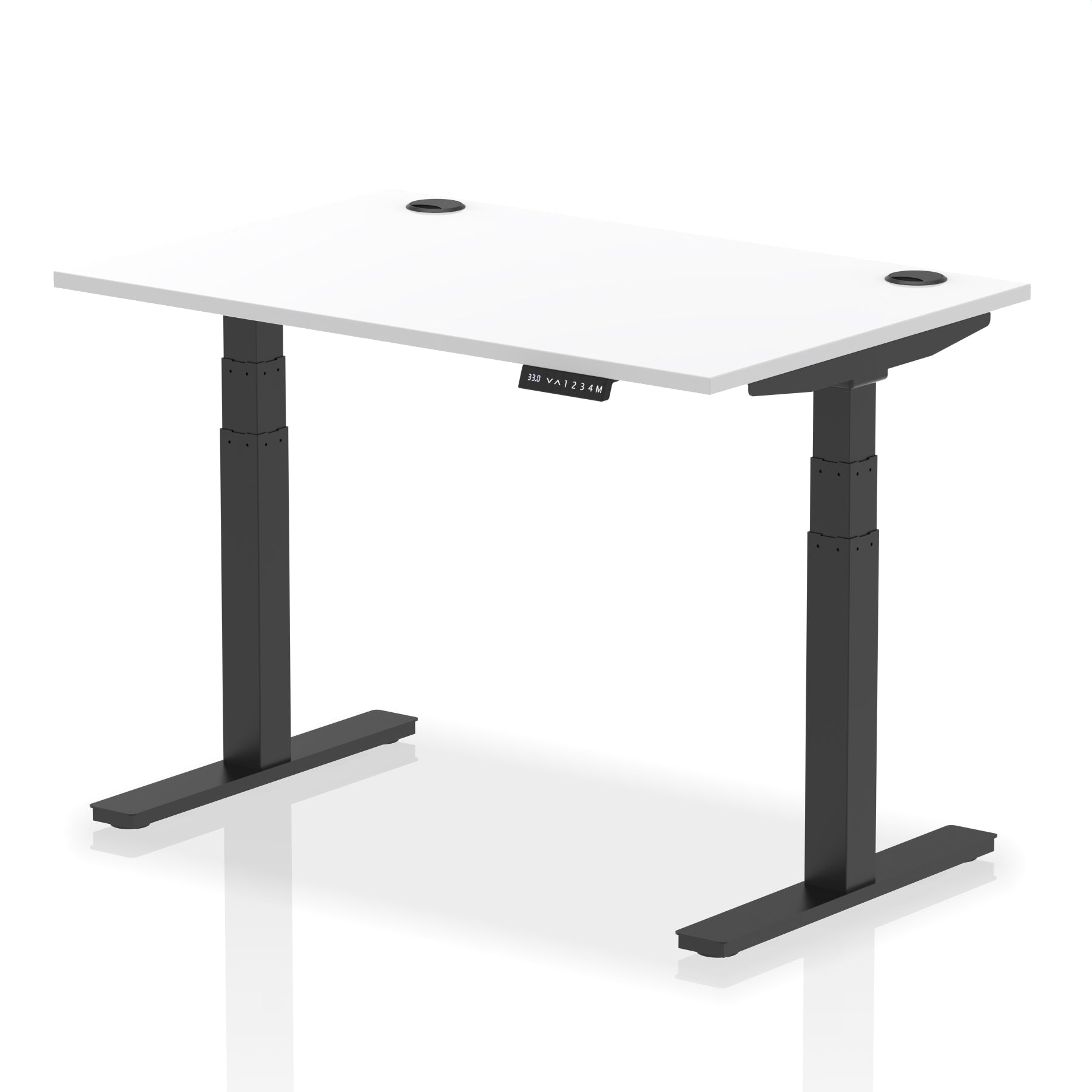 White desktop shown on an Air height adjustable sit stand desk with black frame