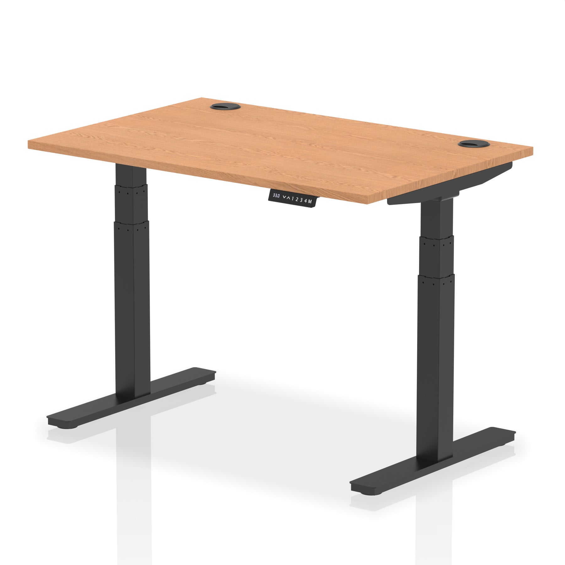 Oak desktop shown on an Air height adjustable sit stand desk with black frame