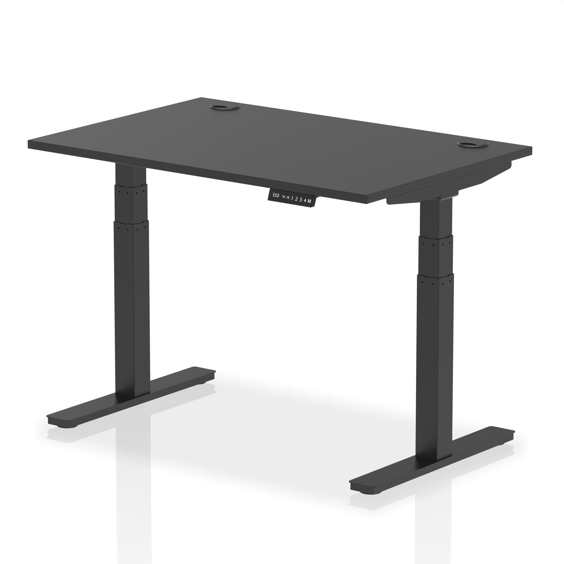 Black desktop shown on an Air height adjustable sit stand desk with black frame
