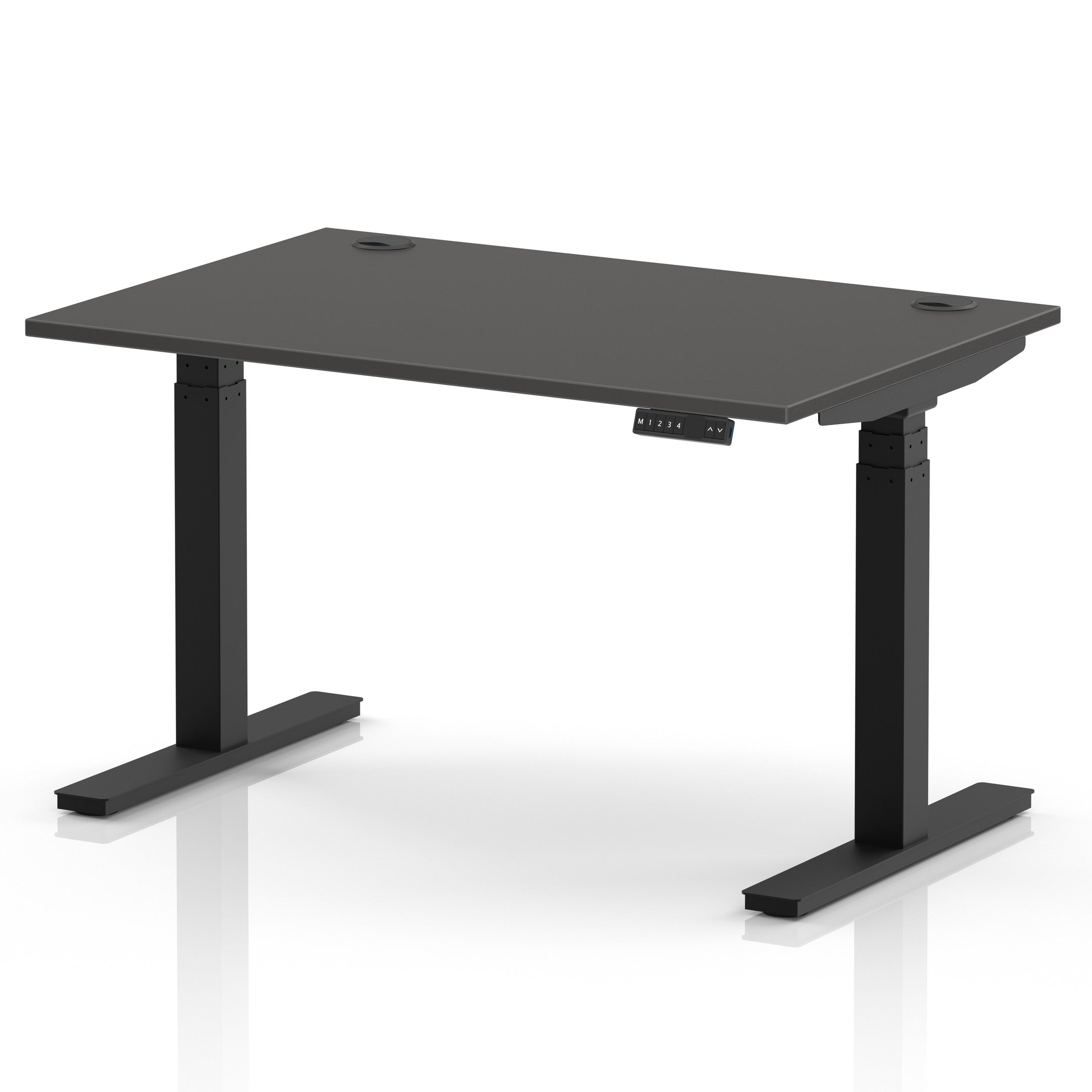 Carbon Grey desktop shown on an Air height adjustable sit stand desk with black frame