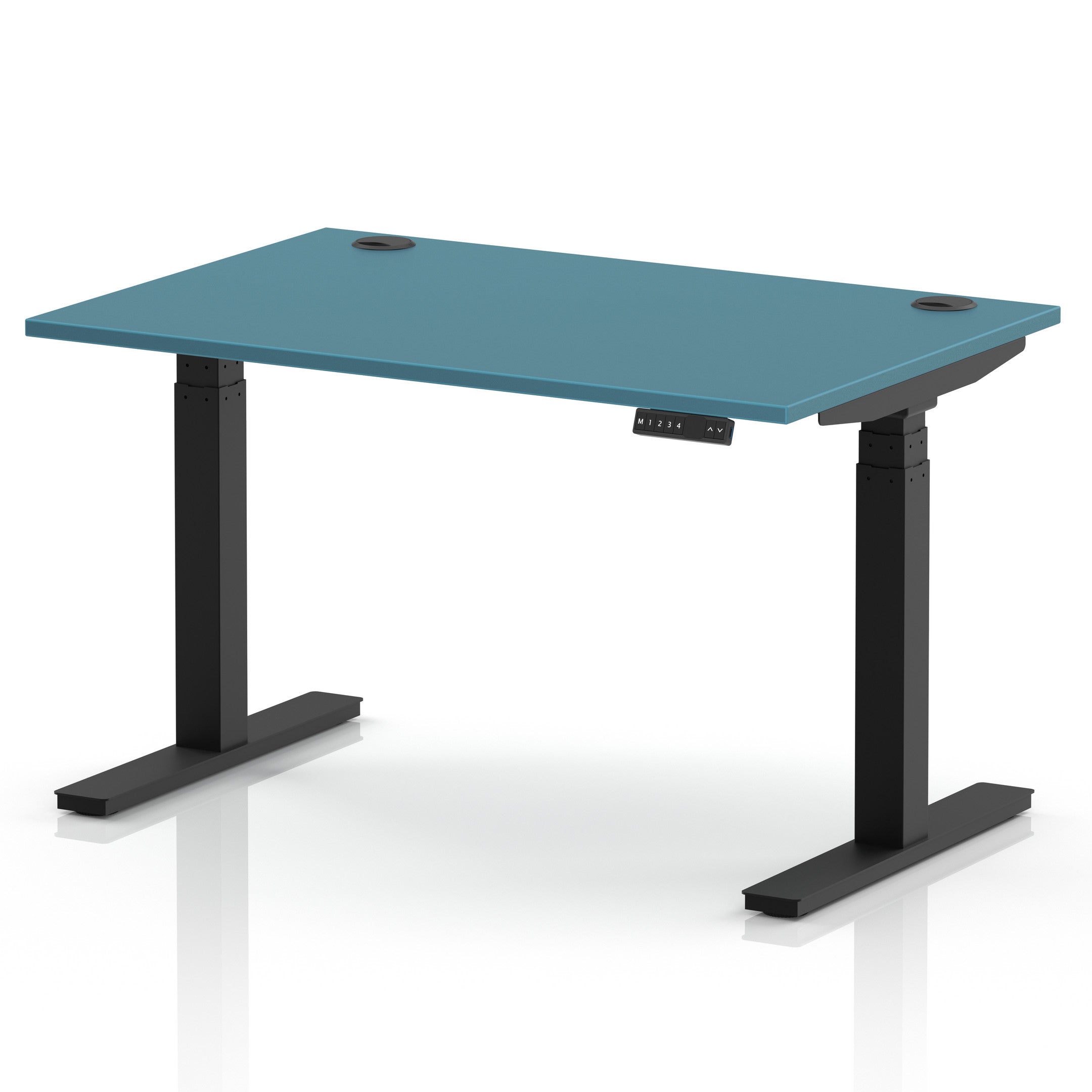 Dark Teal desktop shown on an Air height adjustable sit stand desk with black frame