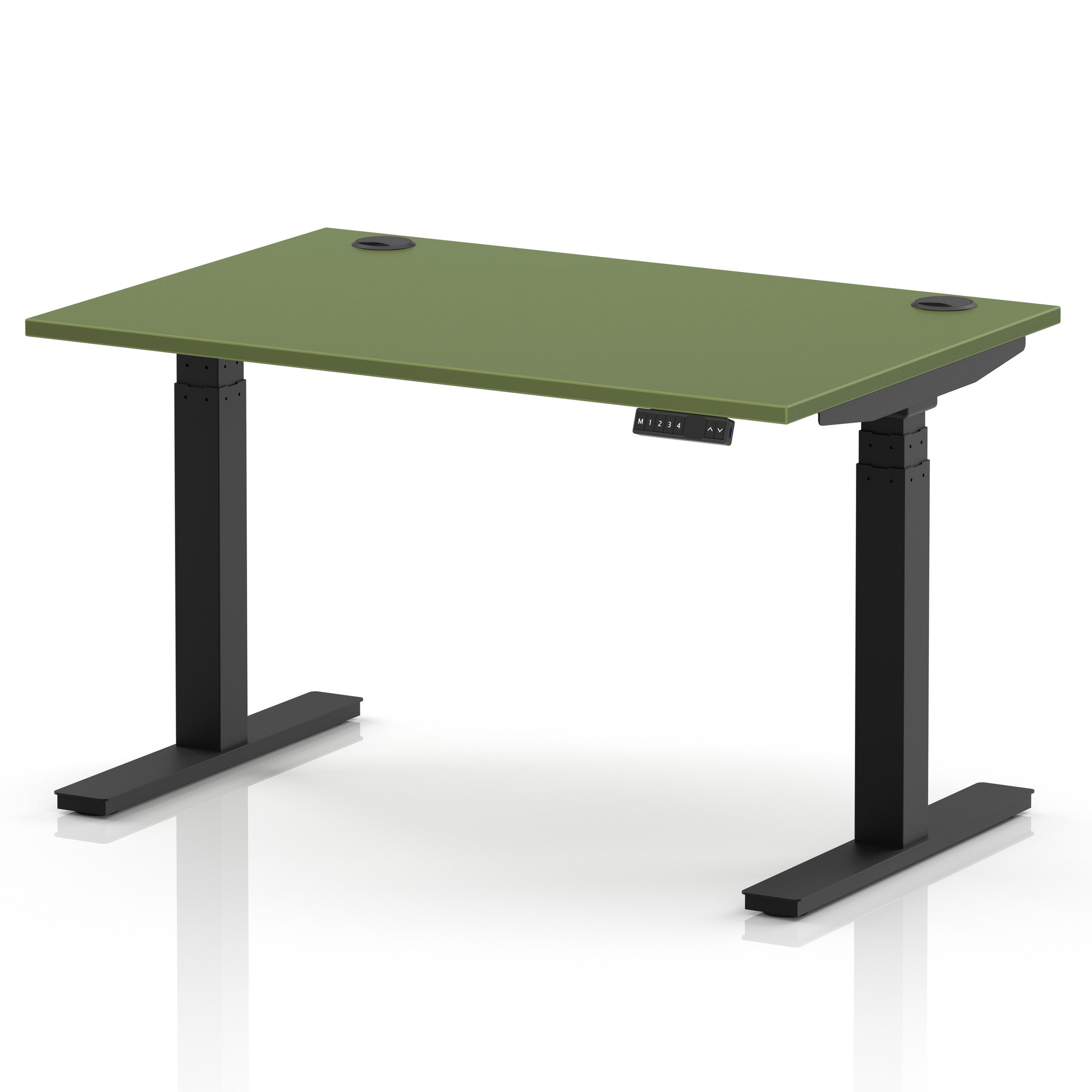 Moss Green desktop shown on an Air height adjustable sit stand desk with black frame