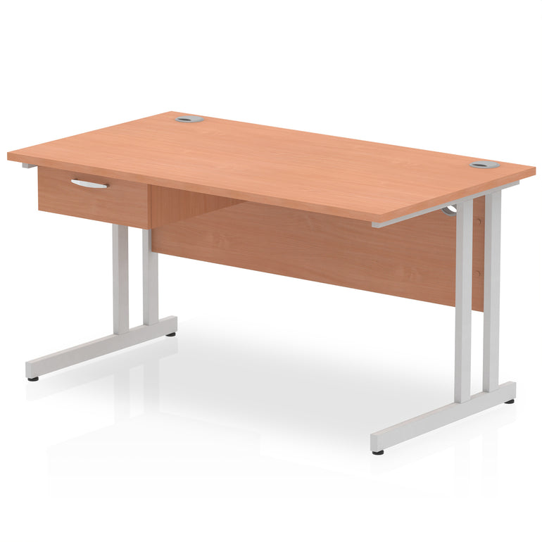 Impulse Cantilever Straight Desk Silver Frame With Single One Drawer Fixed Pedestal