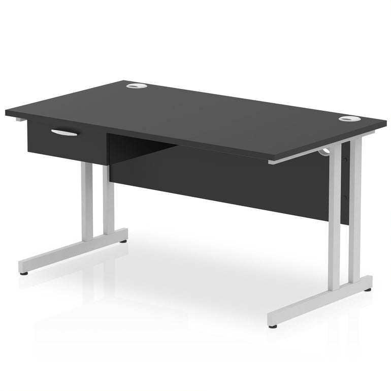 Impulse Cantilever Straight Desk Silver Frame With Single One Drawer Fixed Pedestal