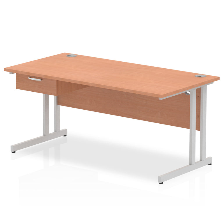 Impulse Cantilever Straight Desk Silver Frame With Single One Drawer Fixed Pedestal