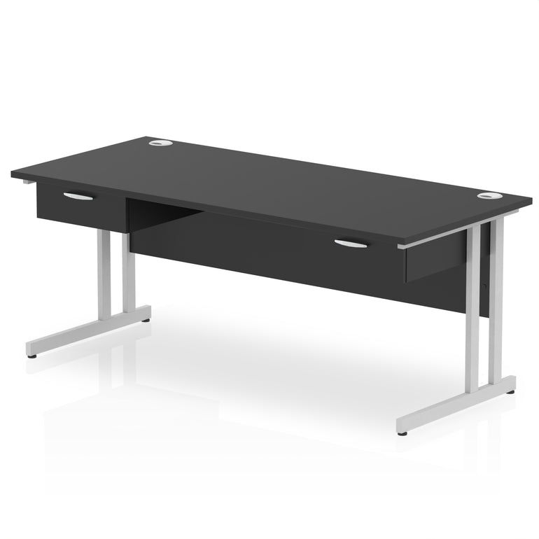 Impulse Cantilever Straight Desk Silver Frame With Two One Drawer Fixed Pedestals
