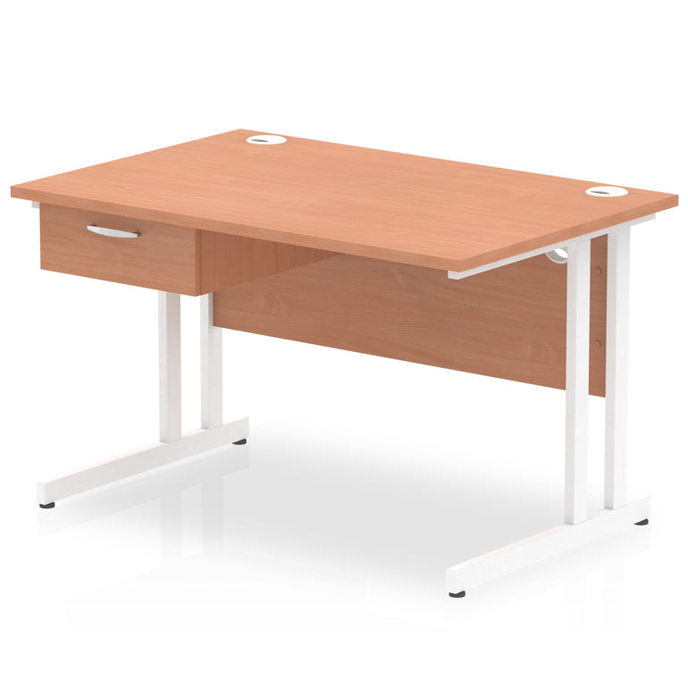 Impulse Cantilever Straight Desk White Frame With Single One Drawer Fixed Pedestal