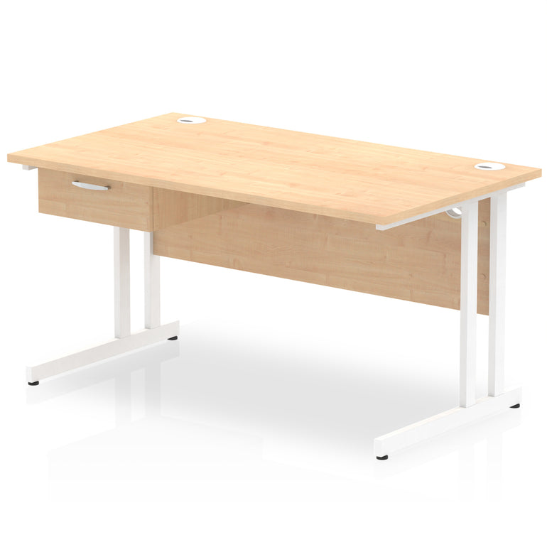 Impulse Cantilever Straight Desk White Frame With Single One Drawer Fixed Pedestal