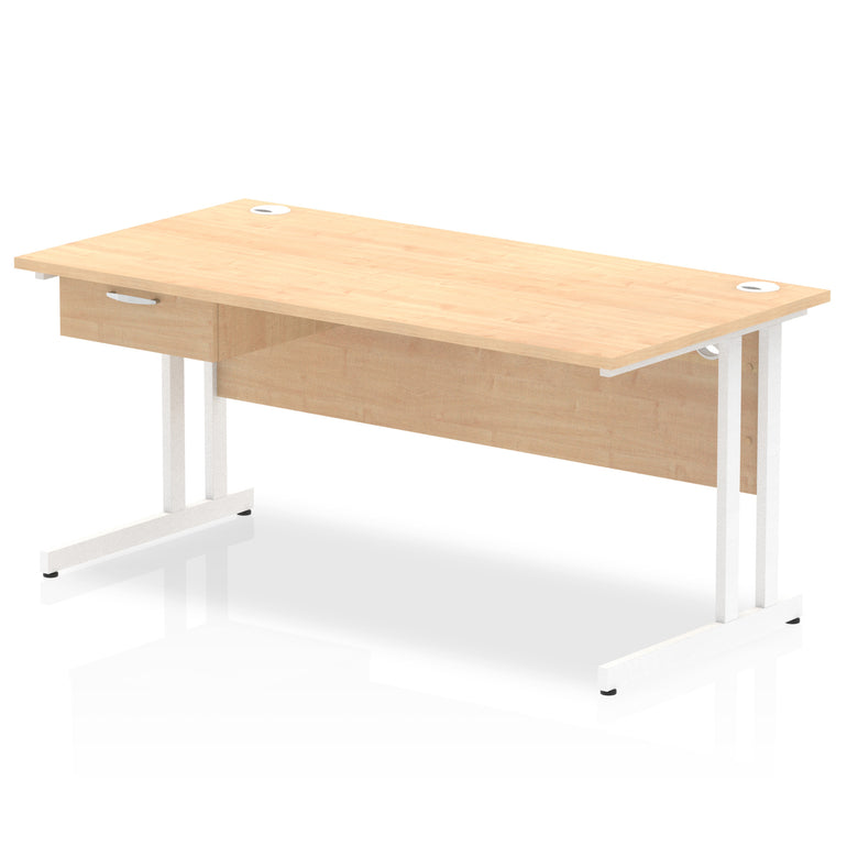 Impulse Cantilever Straight Desk White Frame With Single One Drawer Fixed Pedestal