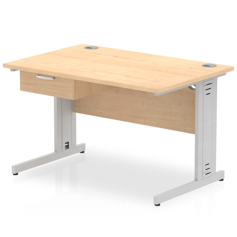 Impulse Cable Managed Straight Desk Silver Frame With Single One Drawer Fixed Pedestal