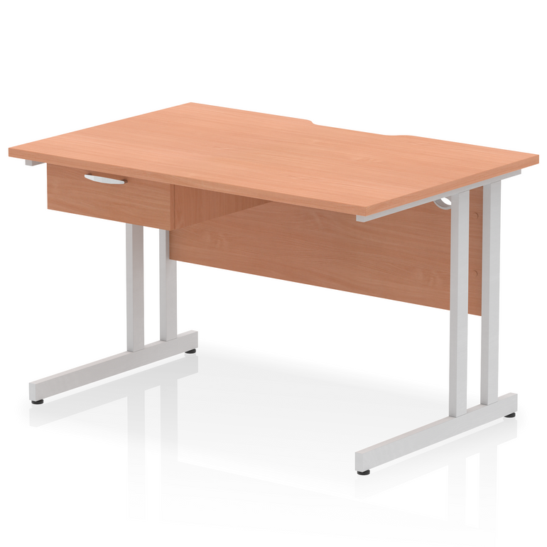 Impulse Scalloped Edge Cantilever Straight Desk With Single One Drawer Fixed Pedestal