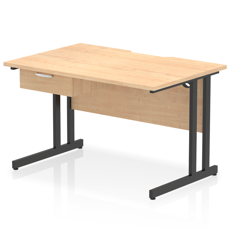 Impulse Scalloped Edge Cantilever Straight Desk With Single One Drawer Fixed Pedestal