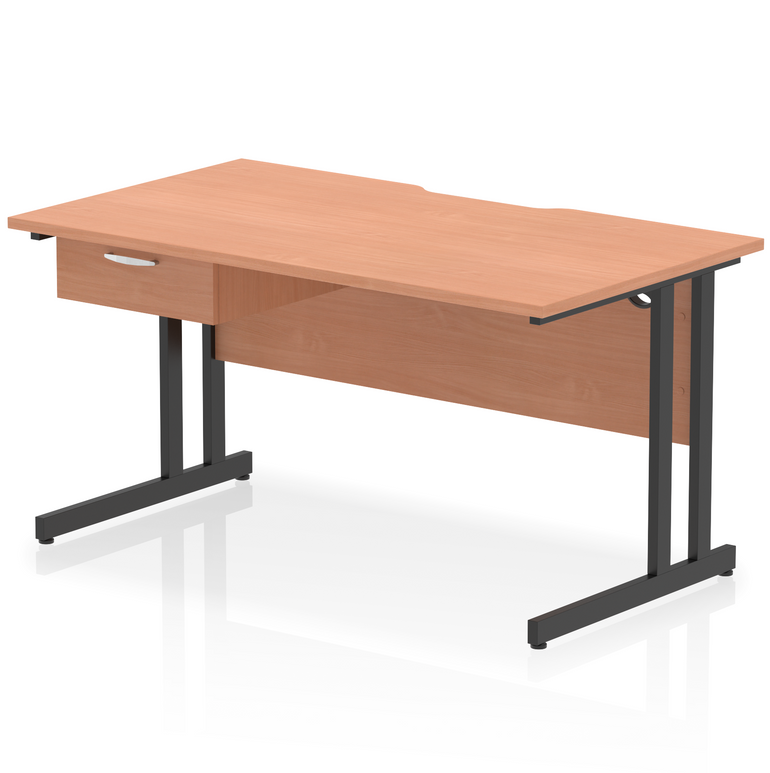 Impulse Scalloped Edge Cantilever Straight Desk With Single One Drawer Fixed Pedestal