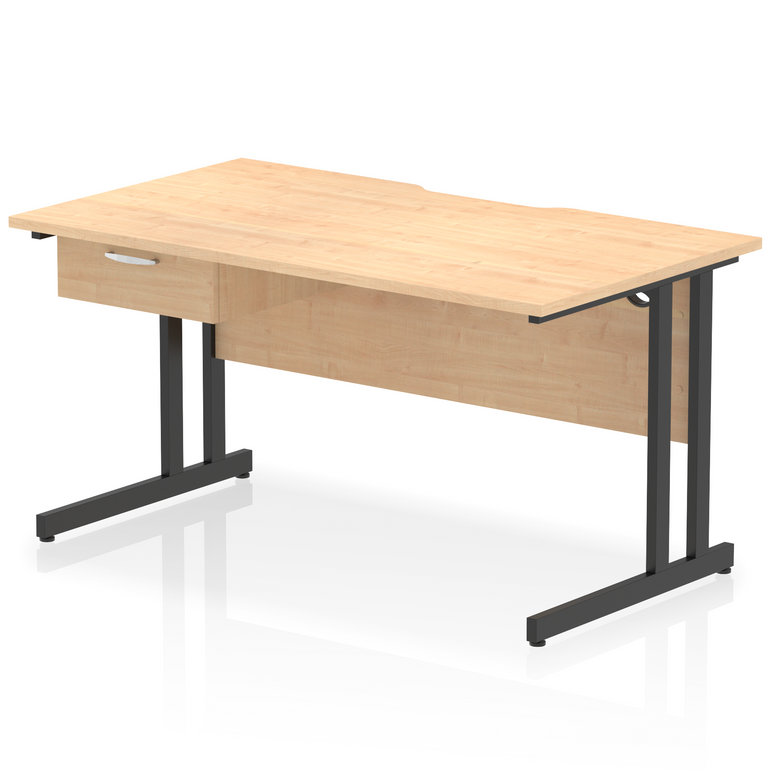 Impulse Scalloped Edge Cantilever Straight Desk With Single One Drawer Fixed Pedestal