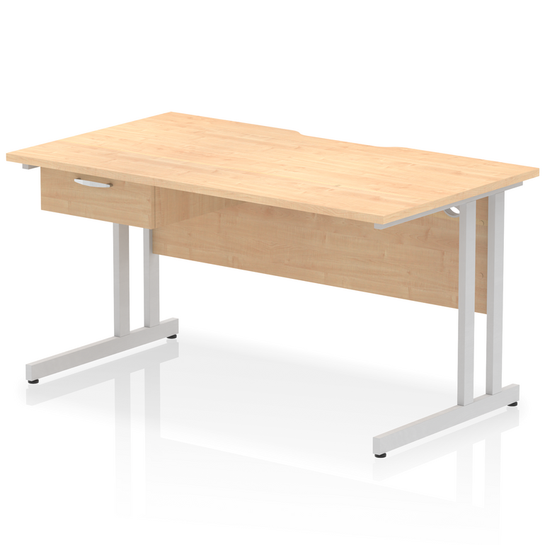 Impulse Scalloped Edge Cantilever Straight Desk With Single One Drawer Fixed Pedestal