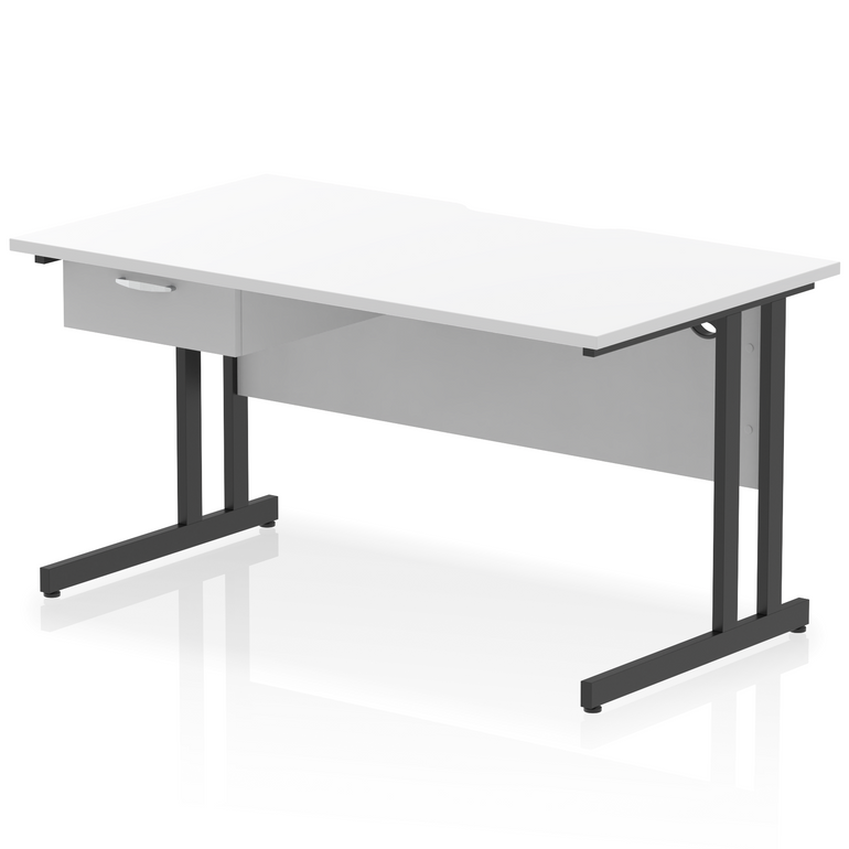 Impulse Scalloped Edge Cantilever Straight Desk With Single One Drawer Fixed Pedestal