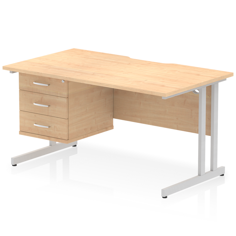 Impulse Scalloped Edge 1400mm Cantilever Straight Desk With Single Fixed Pedestal