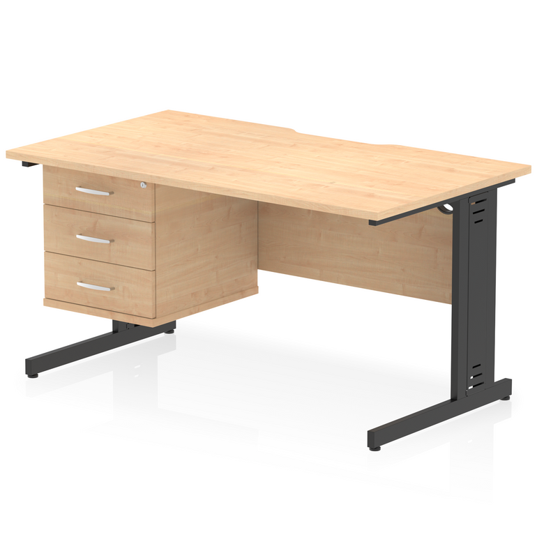 Impulse Scalloped Edge 1400mm Cable Managed Straight Desk With Single Fixed Pedestal