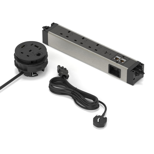 OE - Volta Power Kit - Desktop Cable Port Module + Under Desk Module + Mains Cable UK Plug - Total 4xSocket/ 2xUSBa/ 3xUSBc/ 1xHDMI/ 3xCAT6