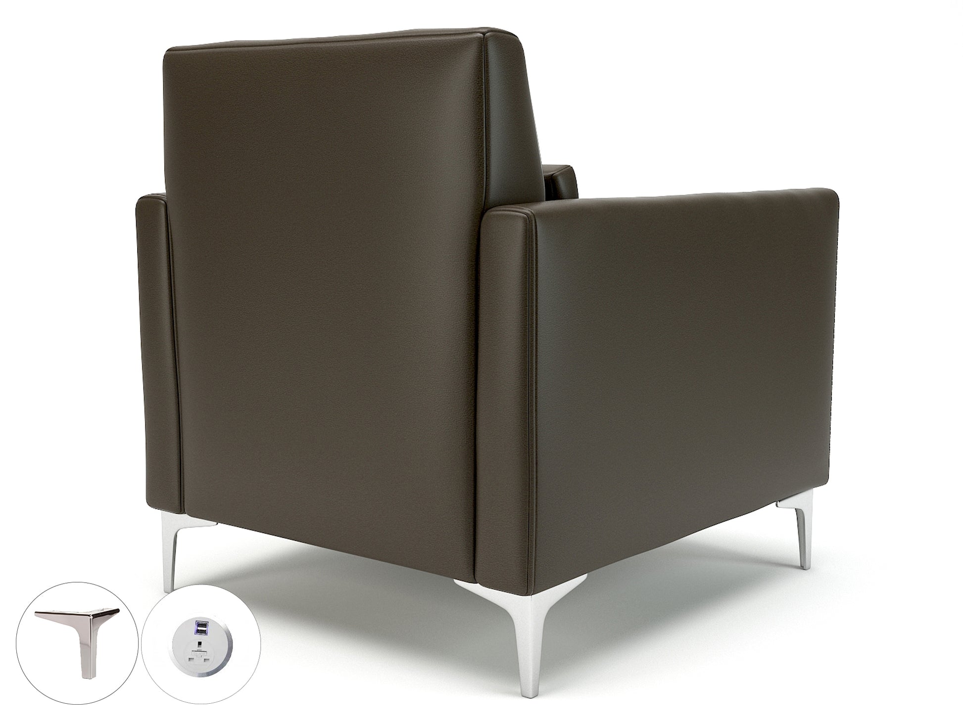 Roselle 90cm Wide Armchair in Cristina Marrone Ultima Faux Leather with Socket