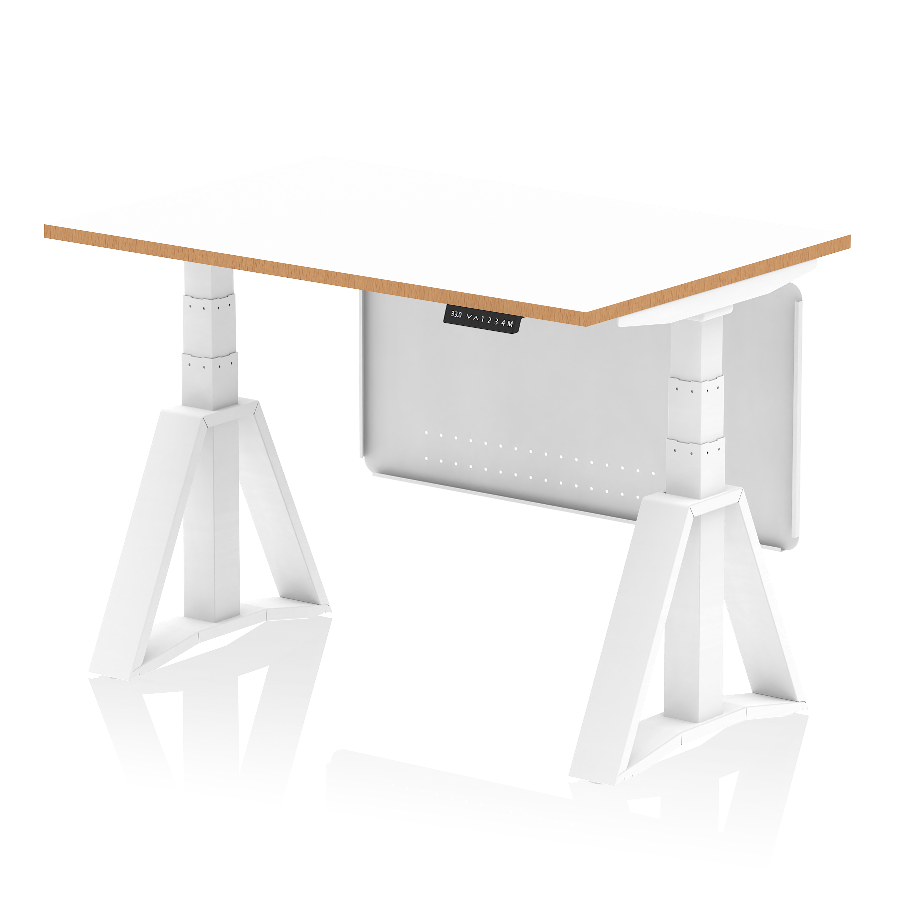 Oslo Air Height Adjustable Desk White Top Natural Wood Edge White Frame with White Steel Modesty Panel