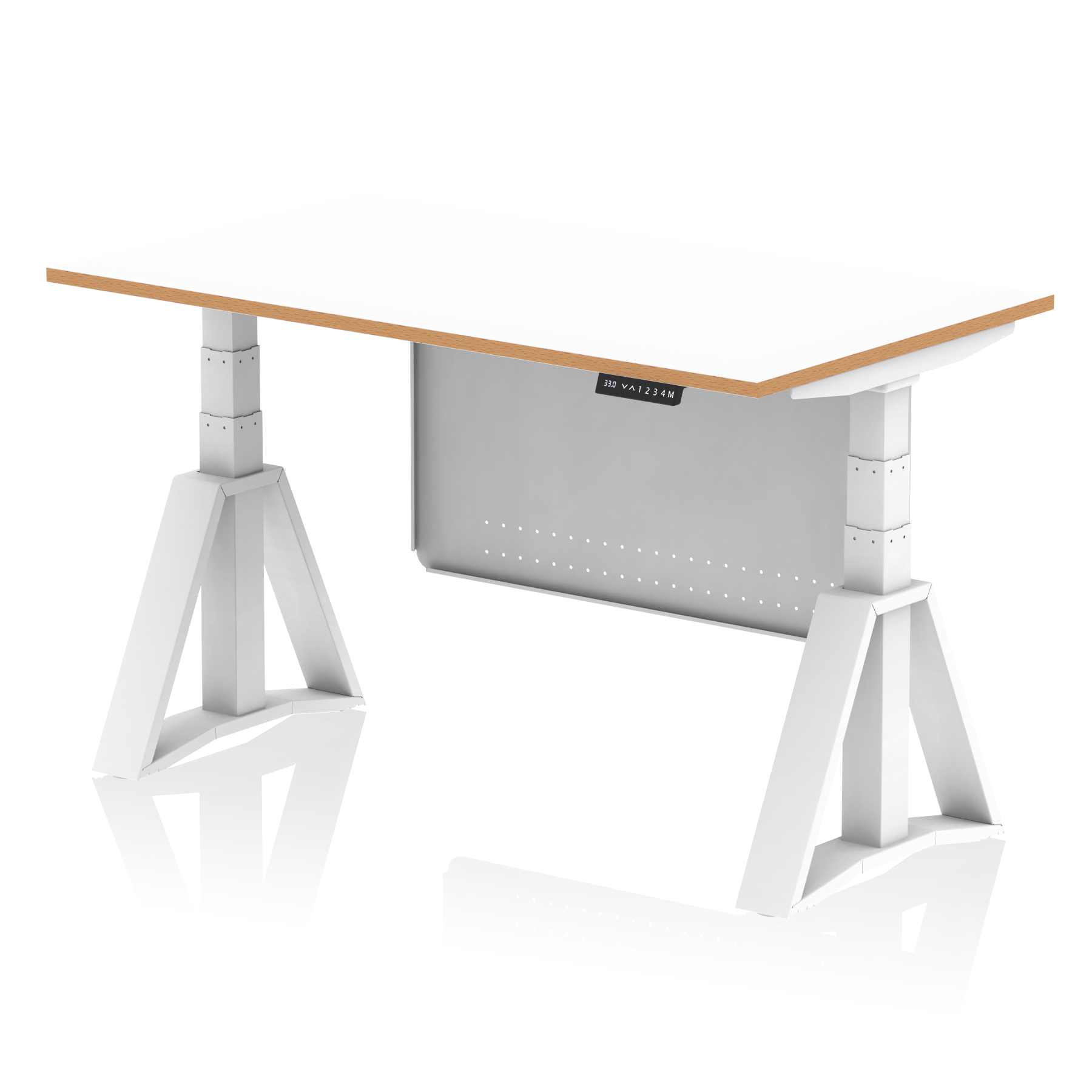 Oslo Air Height Adjustable Desk White Top Natural Wood Edge White Frame with White Steel Modesty Panel