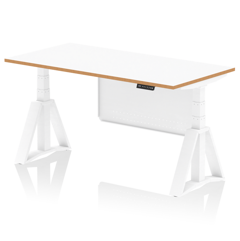 Oslo Air Height Adjustable Desk White Top Natural Wood Edge White Frame with White Steel Modesty Panel