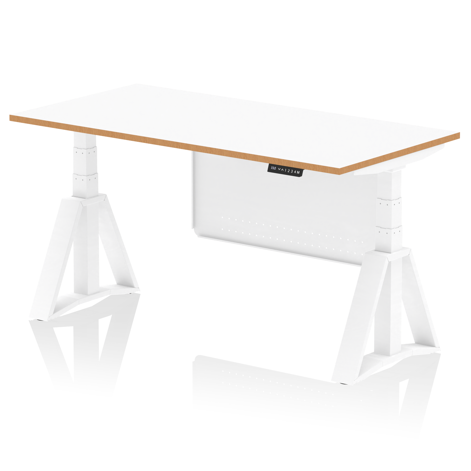 Oslo Air Height Adjustable Desk White Top Natural Wood Edge White Frame with White Steel Modesty Panel