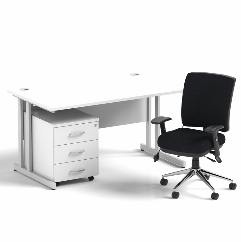 Impulse 1400mm Cantilever Straight Desk With Mobile Pedestal and Chiro Medium Back Black Operator Chair