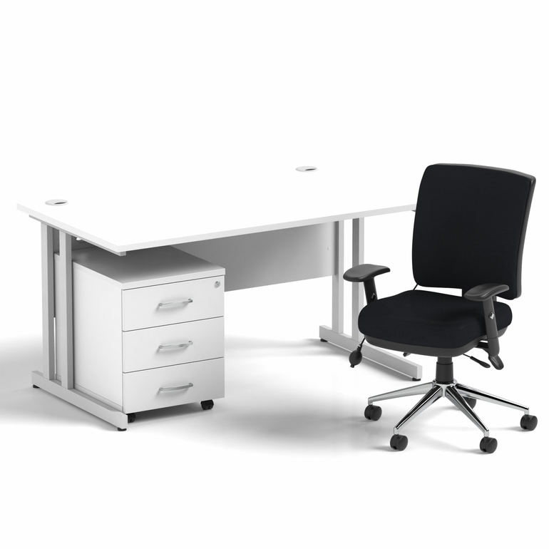 Impulse 1400mm Cantilever Straight Desk With Mobile Pedestal and Chiro Medium Back Black Operator Chair