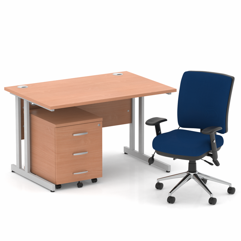 Impulse 1200mm Cantilever Straight Desk With Mobile Pedestal and Chiro Medium Back Blue Operator Chair