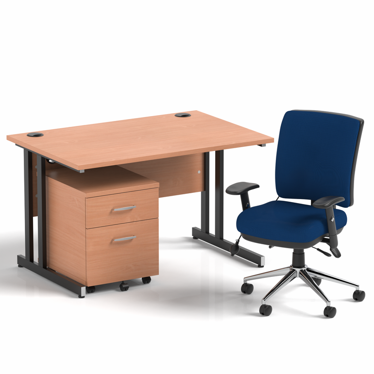 Impulse 1200mm Cantilever Straight Desk With Mobile Pedestal and Chiro Medium Back Blue Operator Chair