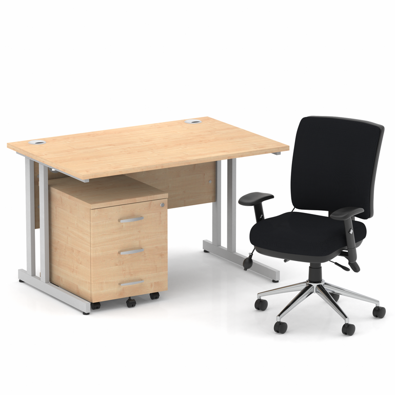 Impulse 1200mm Cantilever Straight Desk With Mobile Pedestal and Chiro Medium Back Black Operator Chair