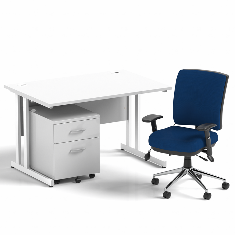 Impulse 1200mm Cantilever Straight Desk With Mobile Pedestal and Chiro Medium Back Blue Operator Chair