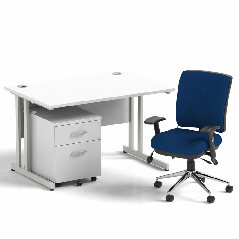 Impulse 1200mm Cantilever Straight Desk With Mobile Pedestal and Chiro Medium Back Blue Operator Chair