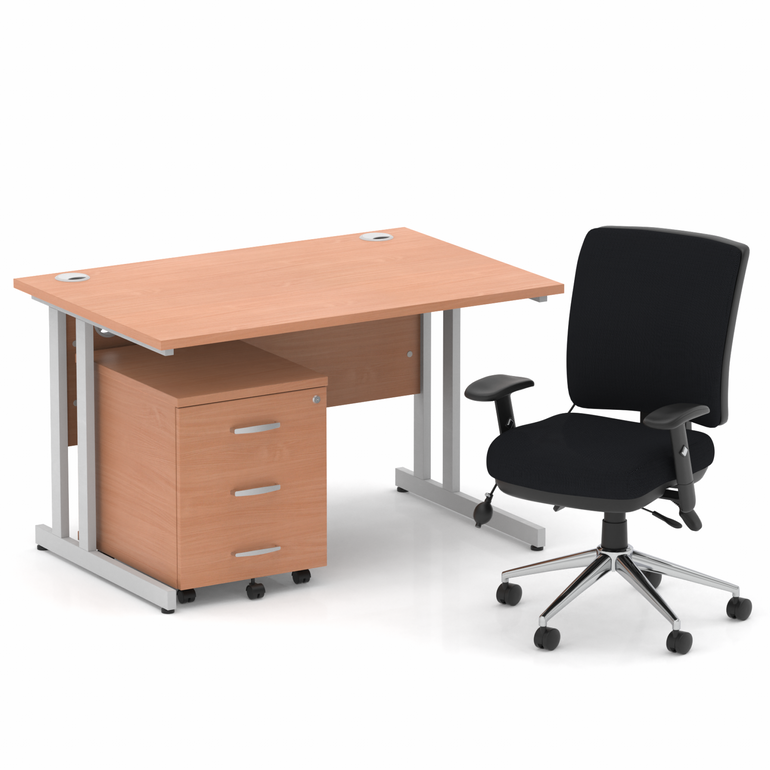 Impulse 1200mm Cantilever Straight Desk With Mobile Pedestal and Chiro Medium Back Black Operator Chair