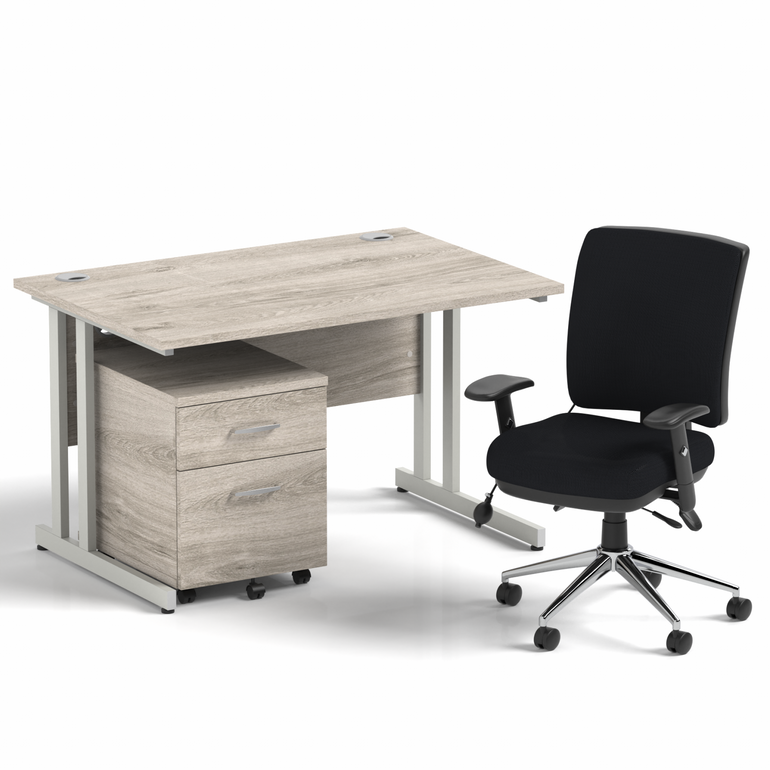 Impulse 1200mm Cantilever Straight Desk With Mobile Pedestal and Chiro Medium Back Black Operator Chair