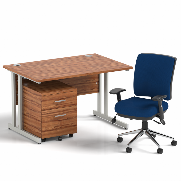 Impulse 1200mm Cantilever Straight Desk With Mobile Pedestal and Chiro Medium Back Blue Operator Chair