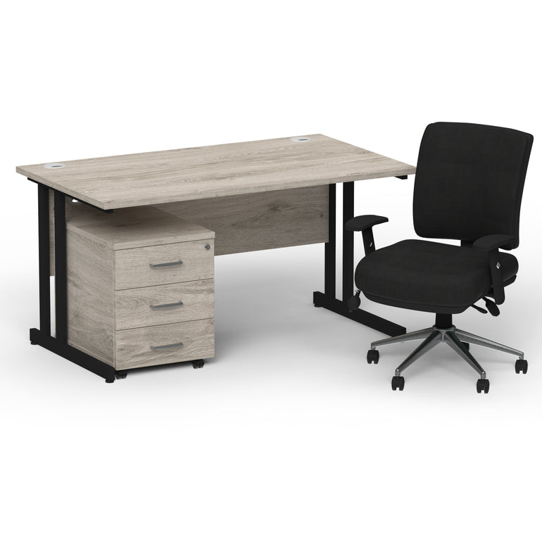 Impulse 1400mm Cantilever Straight Desk With Mobile Pedestal and Chiro Medium Back Black Operator Chair