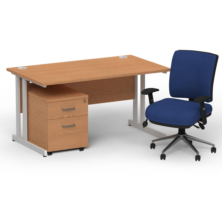 Impulse 1400mm Cantilever Straight Desk With Mobile Pedestal and Chiro Medium Back Blue Operator Chair