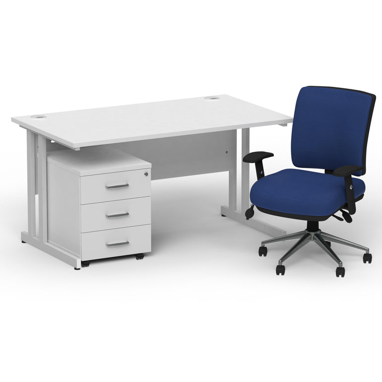 Impulse 1400mm Cantilever Straight Desk With Mobile Pedestal and Chiro Medium Back Blue Operator Chair