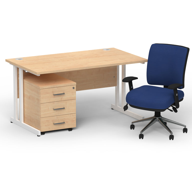 Impulse 1400mm Cantilever Straight Desk With Mobile Pedestal and Chiro Medium Back Blue Operator Chair