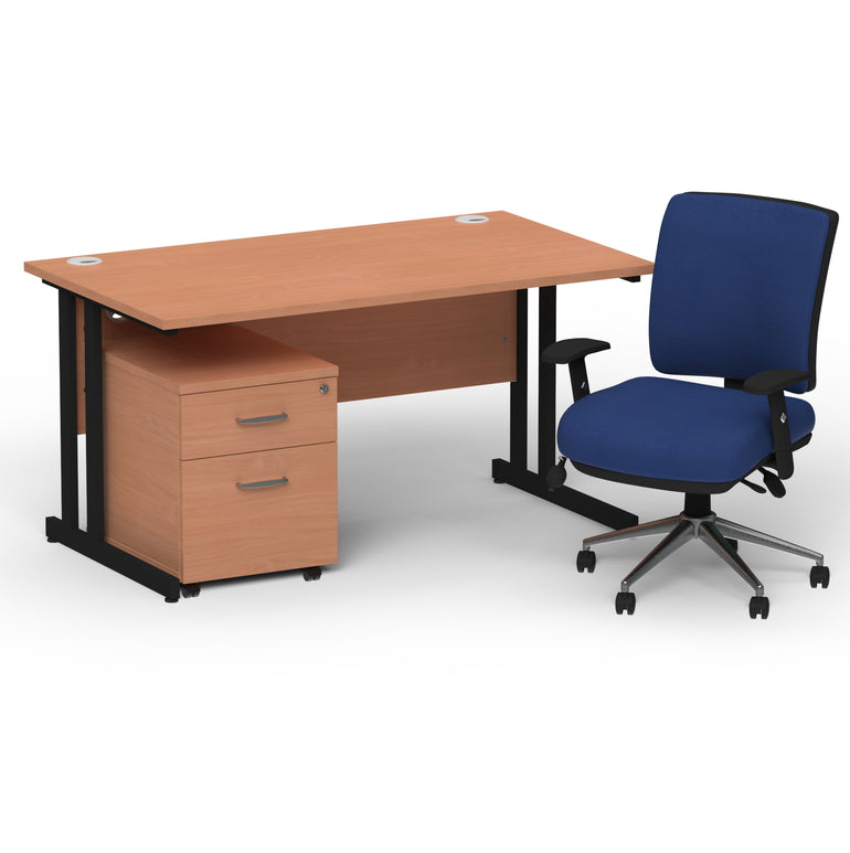 Impulse 1400mm Cantilever Straight Desk With Mobile Pedestal and Chiro Medium Back Blue Operator Chair