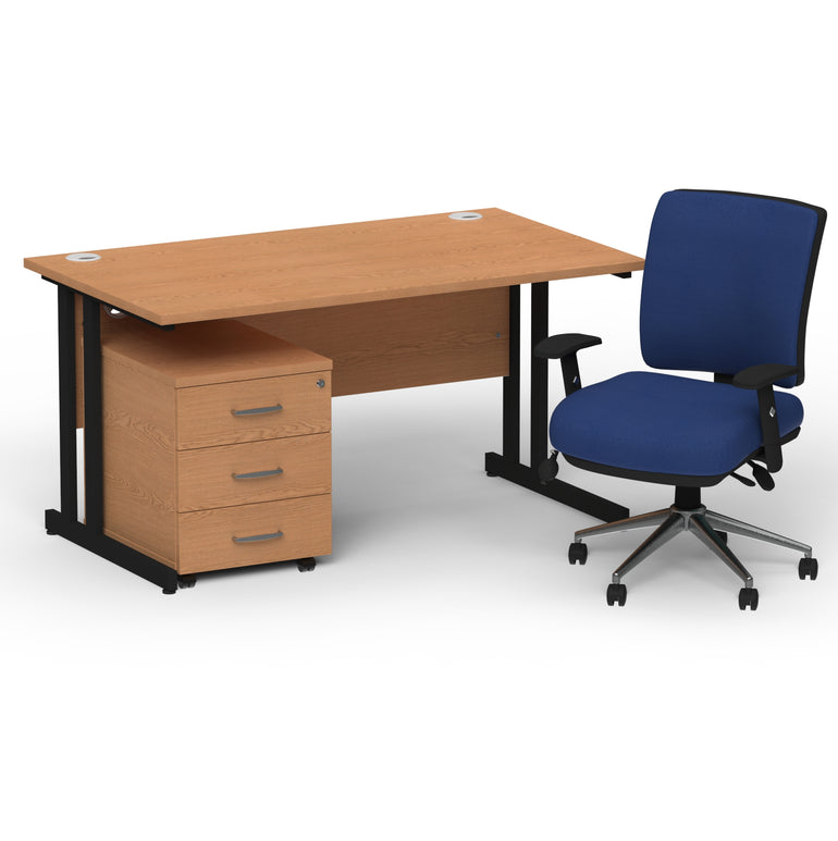Impulse 1400mm Cantilever Straight Desk With Mobile Pedestal and Chiro Medium Back Blue Operator Chair