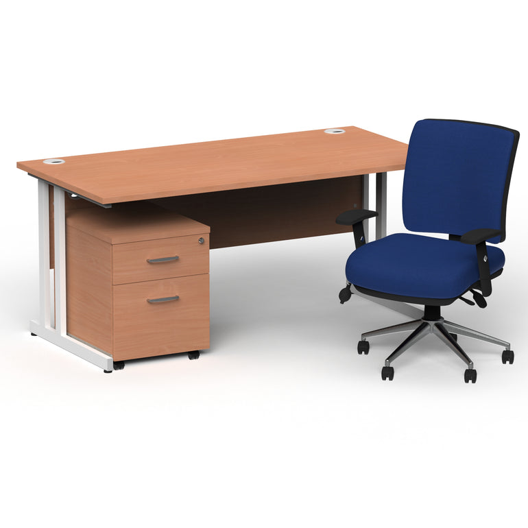 Impulse 1600mm Cantilever Straight Desk With Mobile Pedestal and Chiro Medium Back Blue Operator Chair