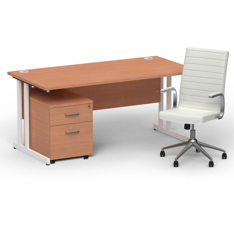 Impulse 1600mm Cantilever Straight Desk With Mobile Pedestal and Ezra White Executive Chair