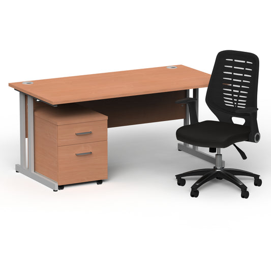 Impulse 1600mm Cantilever Straight Desk With Mobile Pedestal and Relay Black Back Operator Chair