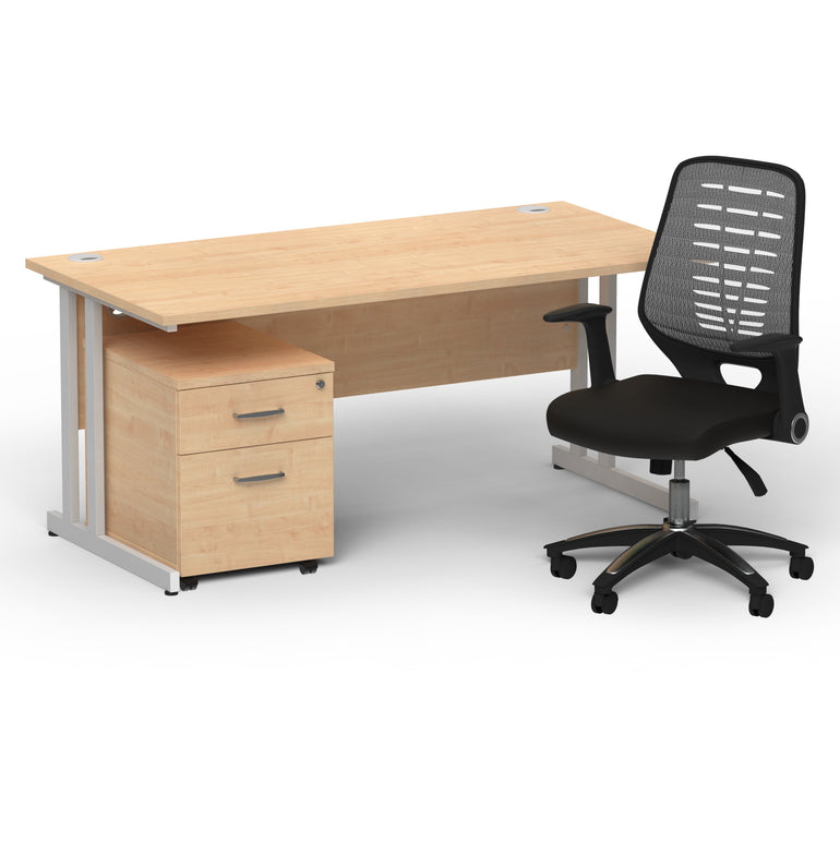 Impulse 1600mm Cantilever Straight Desk With Mobile Pedestal and Relay Silver Back Operator Chair