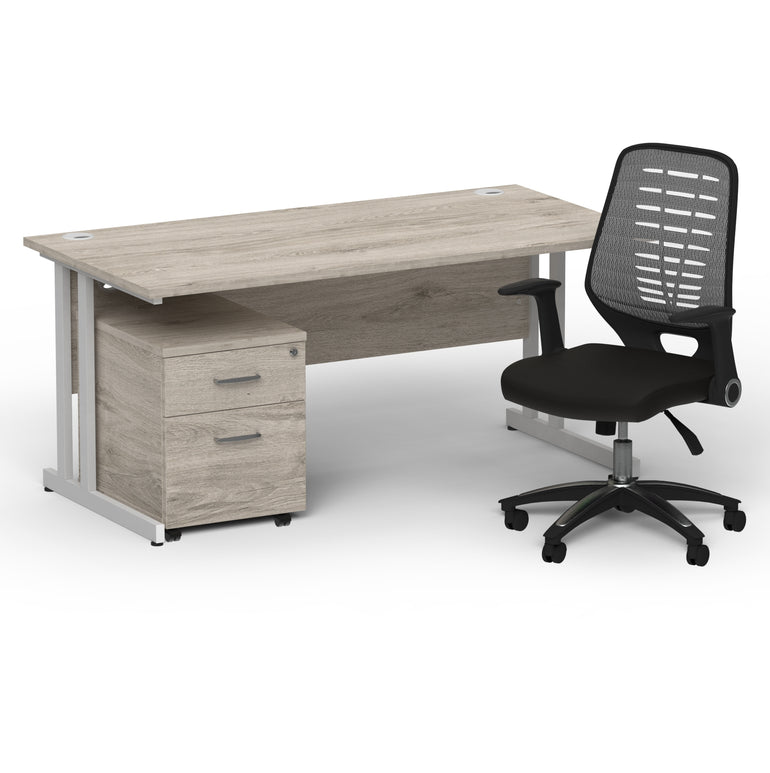 Impulse 1600mm Cantilever Straight Desk With Mobile Pedestal and Relay Silver Back Operator Chair